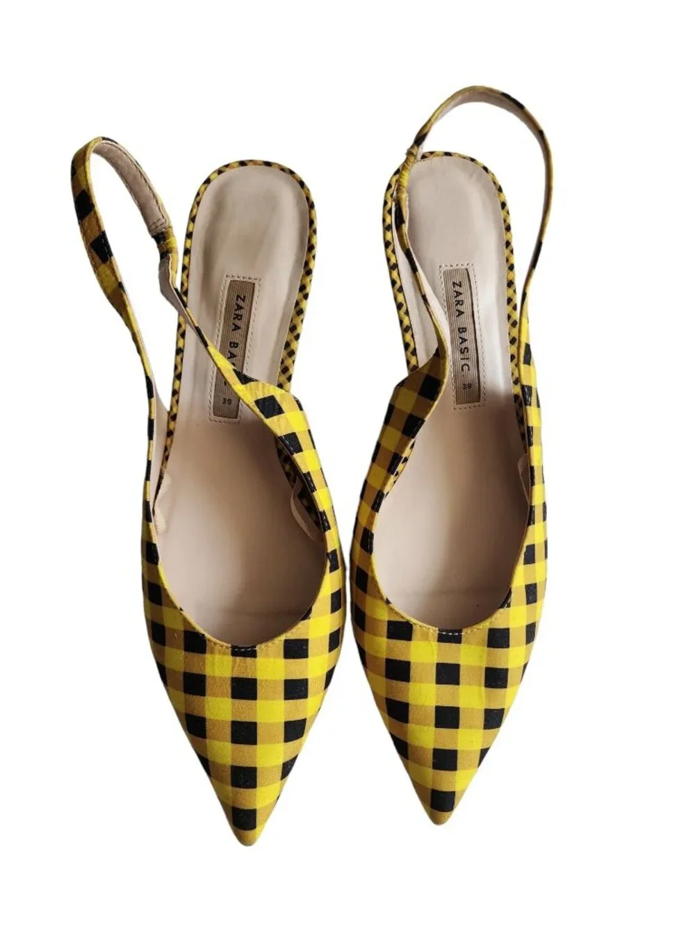 ZARA Women's Yellow/Black Gingham Slingback Pointed Toe Sandals Size 39 - Picture 4 of 11